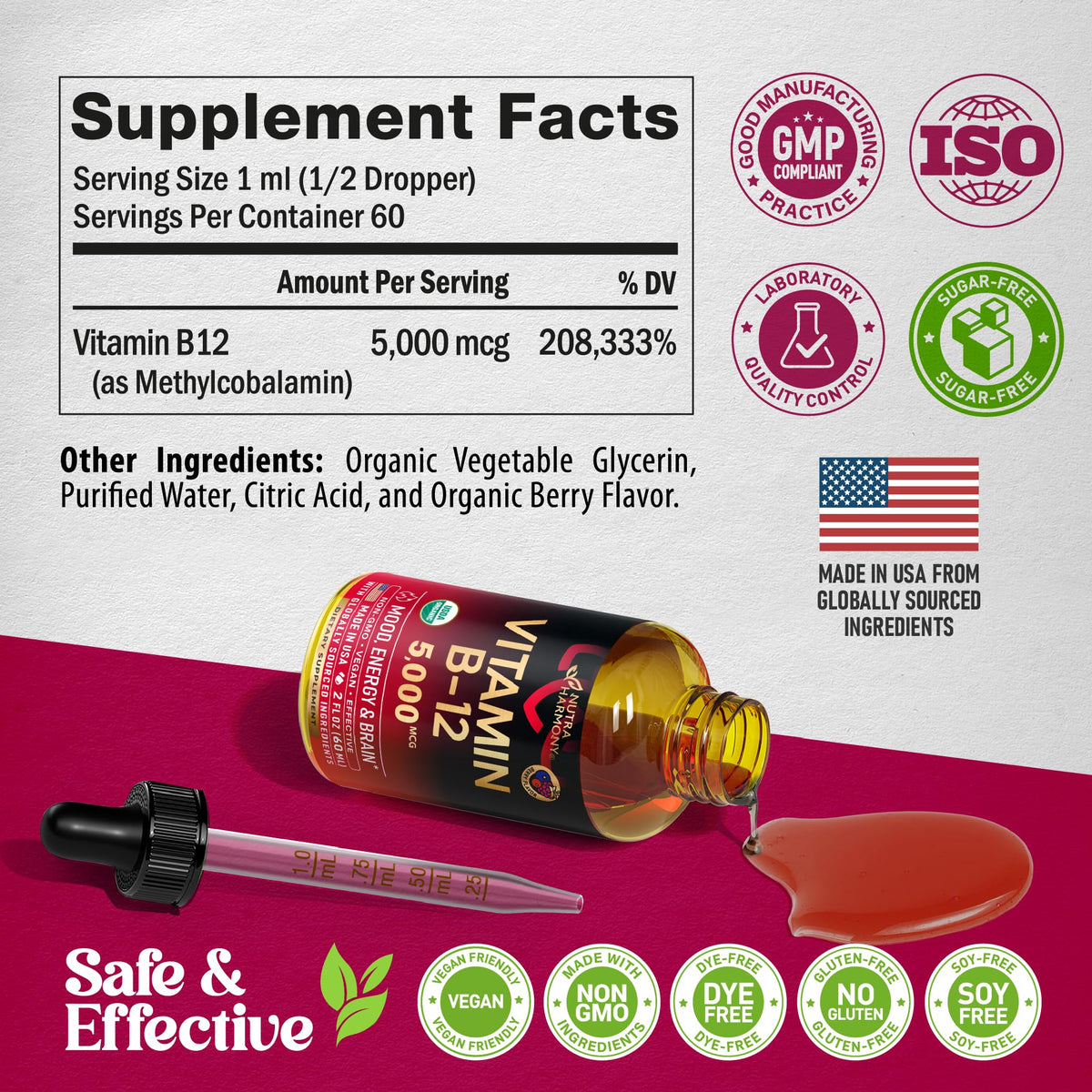 USDA Organic Vitamin B12 Sublingual Drops - 5000 mcg Liquid Vegan Methylcobalamin for Women & Men - Energy Boost, Focus & Mood, Brain Health Support - FENGGESTORE20