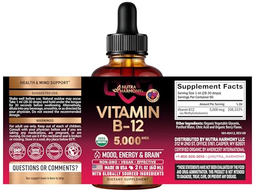 USDA Organic Vitamin B12 Sublingual Drops - 5000 mcg Liquid Vegan Methylcobalamin for Women & Men - Energy Boost, Focus & Mood, Brain Health Support - FENGGESTORE20