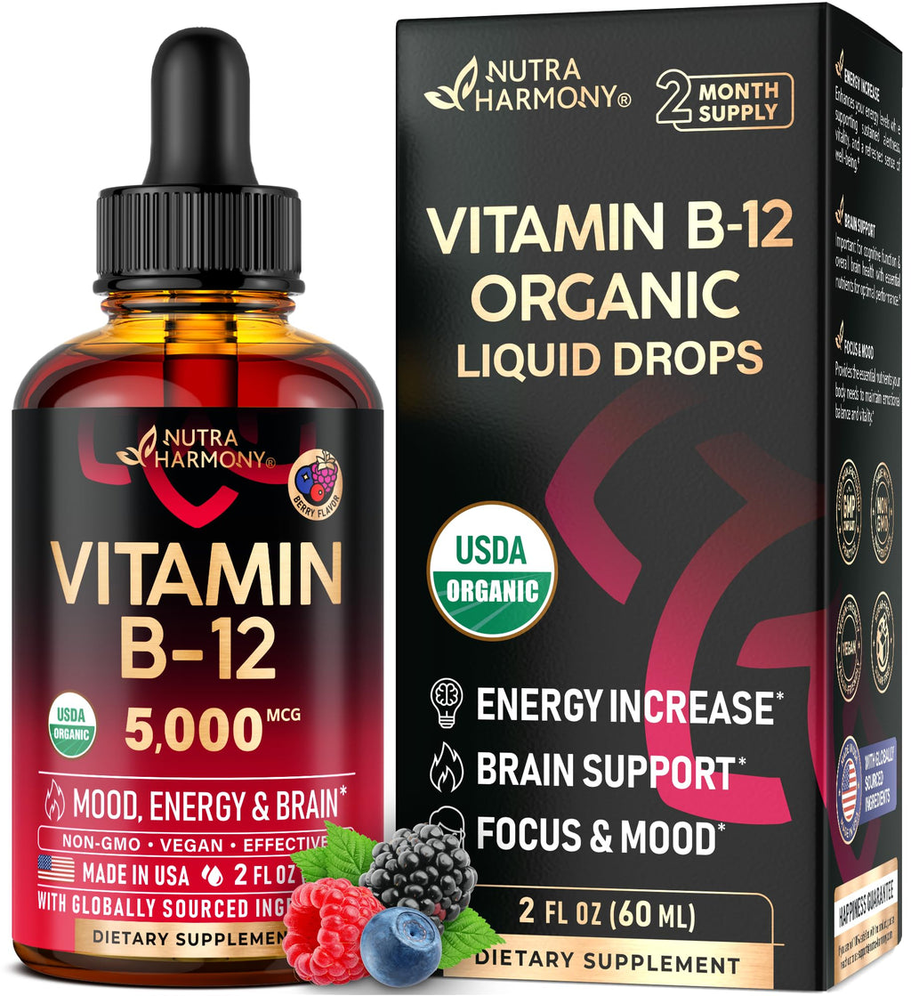 USDA Organic Vitamin B12 Sublingual Drops - 5000 mcg Liquid Vegan Methylcobalamin for Women & Men - Energy Boost, Focus & Mood, Brain Health Support - FENGGESTORE20