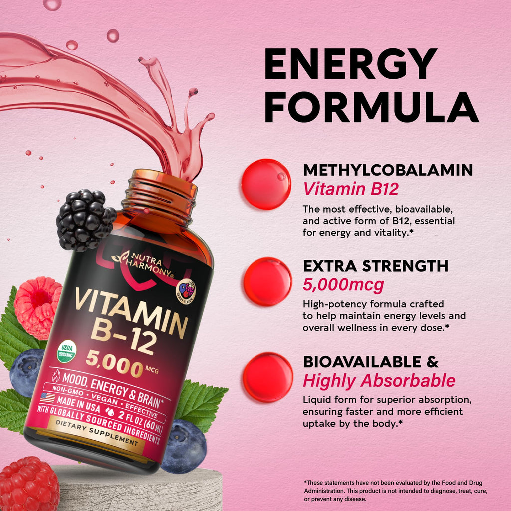 USDA Organic Vitamin B12 Sublingual Drops - 5000 mcg Liquid Vegan Methylcobalamin for Women & Men - Energy Boost, Focus & Mood, Brain Health Support - FENGGESTORE20