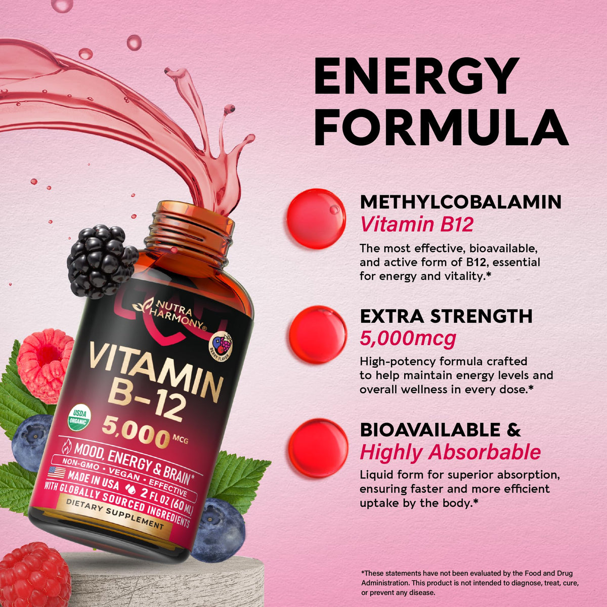 USDA Organic Vitamin B12 Sublingual Drops - 5000 mcg Liquid Vegan Methylcobalamin for Women & Men - Energy Boost, Focus & Mood, Brain Health Support - FENGGESTORE20