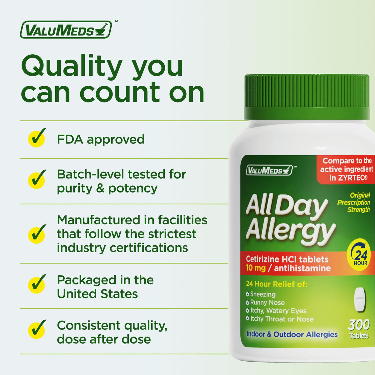 ValuMeds 24-Hour Allergy Medicine Antihistamine for Pollen, Hay Fever, Dry, Itchy Eyes, Allergies | Cetirizine HCl 10mg Caplets, Compare to Leading Brand (300 Count) - FENGGESTORE20