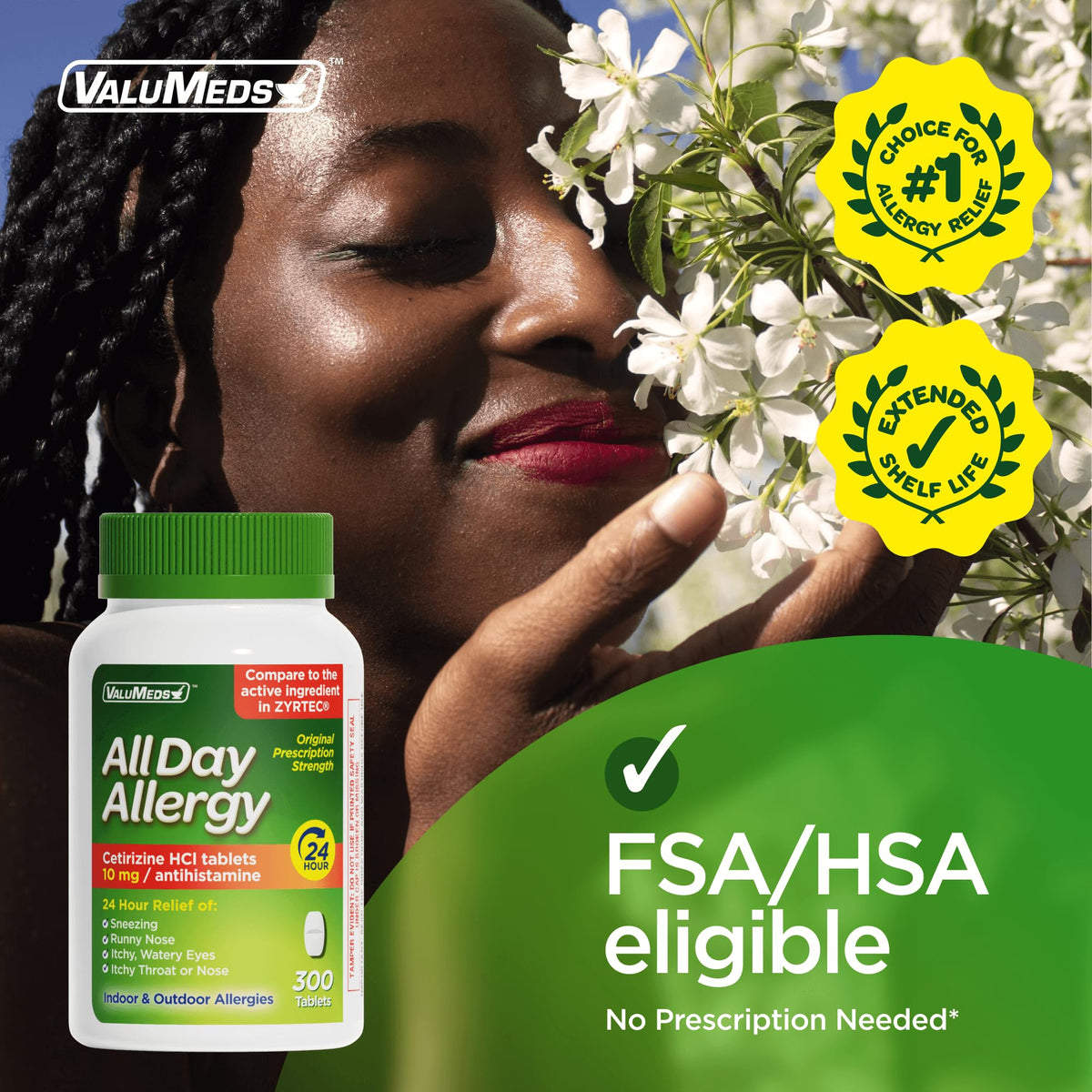 ValuMeds 24-Hour Allergy Medicine Antihistamine for Pollen, Hay Fever, Dry, Itchy Eyes, Allergies | Cetirizine HCl 10mg Caplets, Compare to Leading Brand (300 Count) - FENGGESTORE20