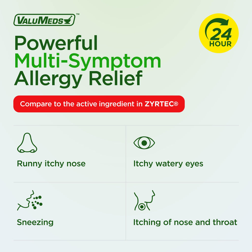 ValuMeds 24-Hour Allergy Medicine Antihistamine for Pollen, Hay Fever, Dry, Itchy Eyes, Allergies | Cetirizine HCl 10mg Caplets, Compare to Leading Brand (300 Count) - FENGGESTORE20