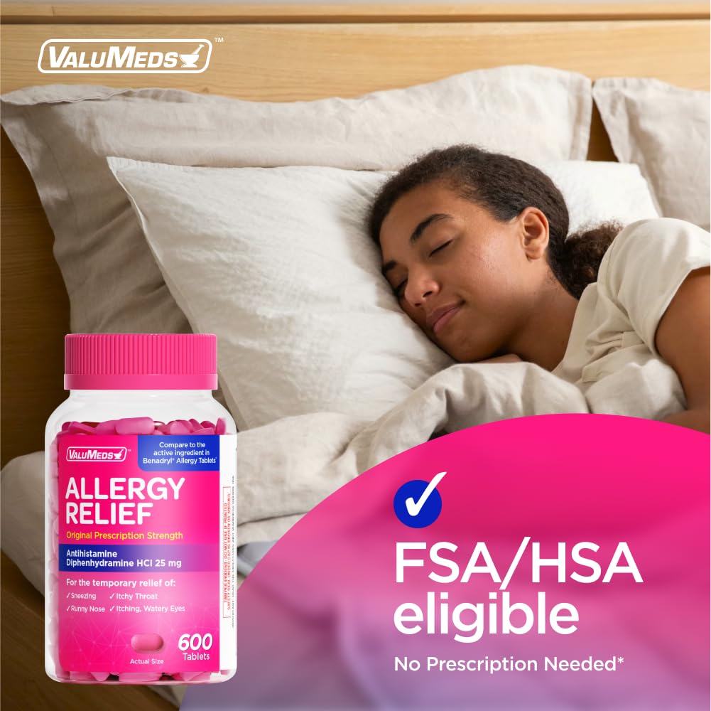ValuMeds Allergy Medicine Antihistamine, Diphenhydramine HCl 25 mg | Children and Adults | Relieve Itchy Eyes, Runny Nose, Sneezing (25 mg, 600 Count) - FENGGESTORE20