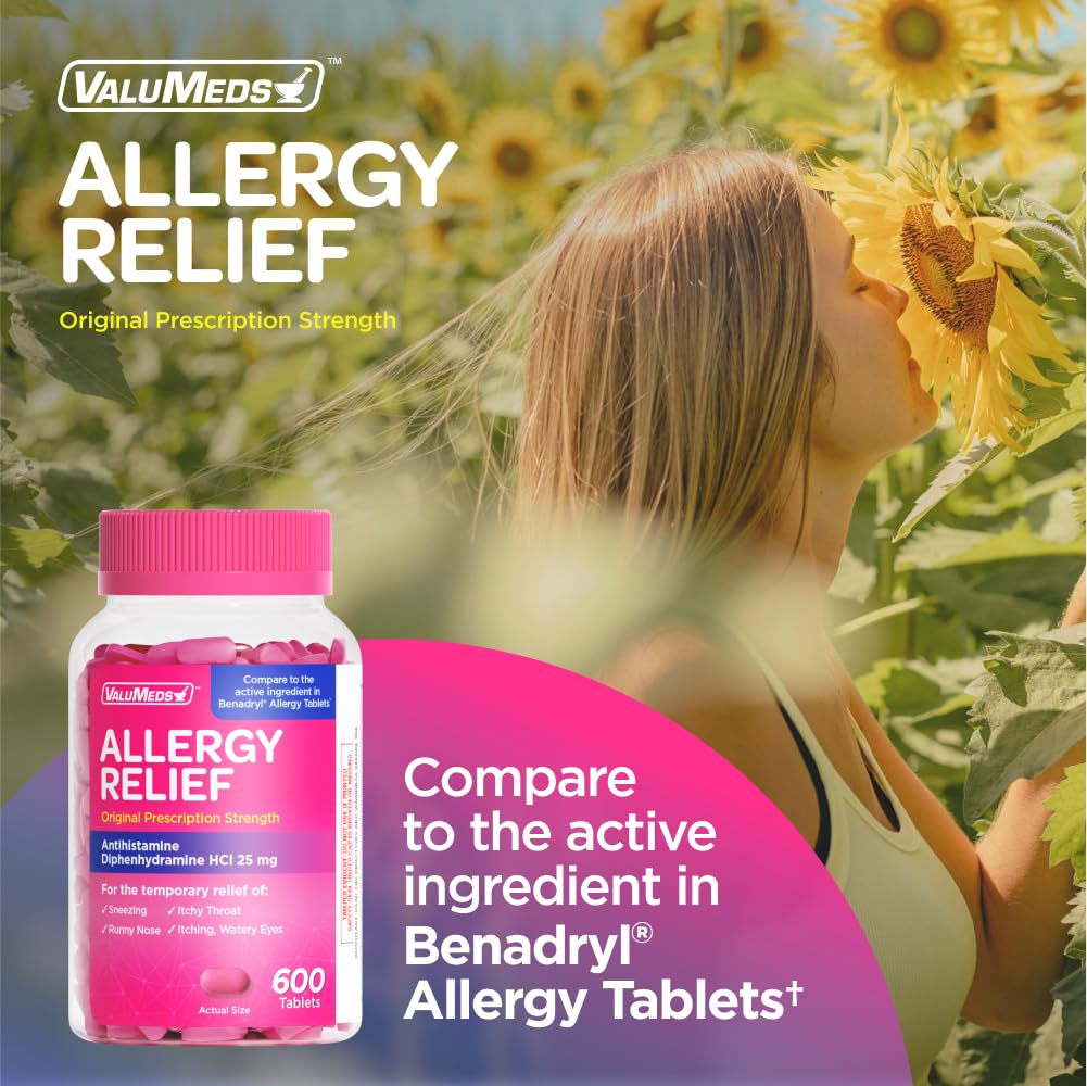 ValuMeds Allergy Medicine Antihistamine, Diphenhydramine HCl 25 mg | Children and Adults | Relieve Itchy Eyes, Runny Nose, Sneezing (25 mg, 600 Count) - FENGGESTORE20