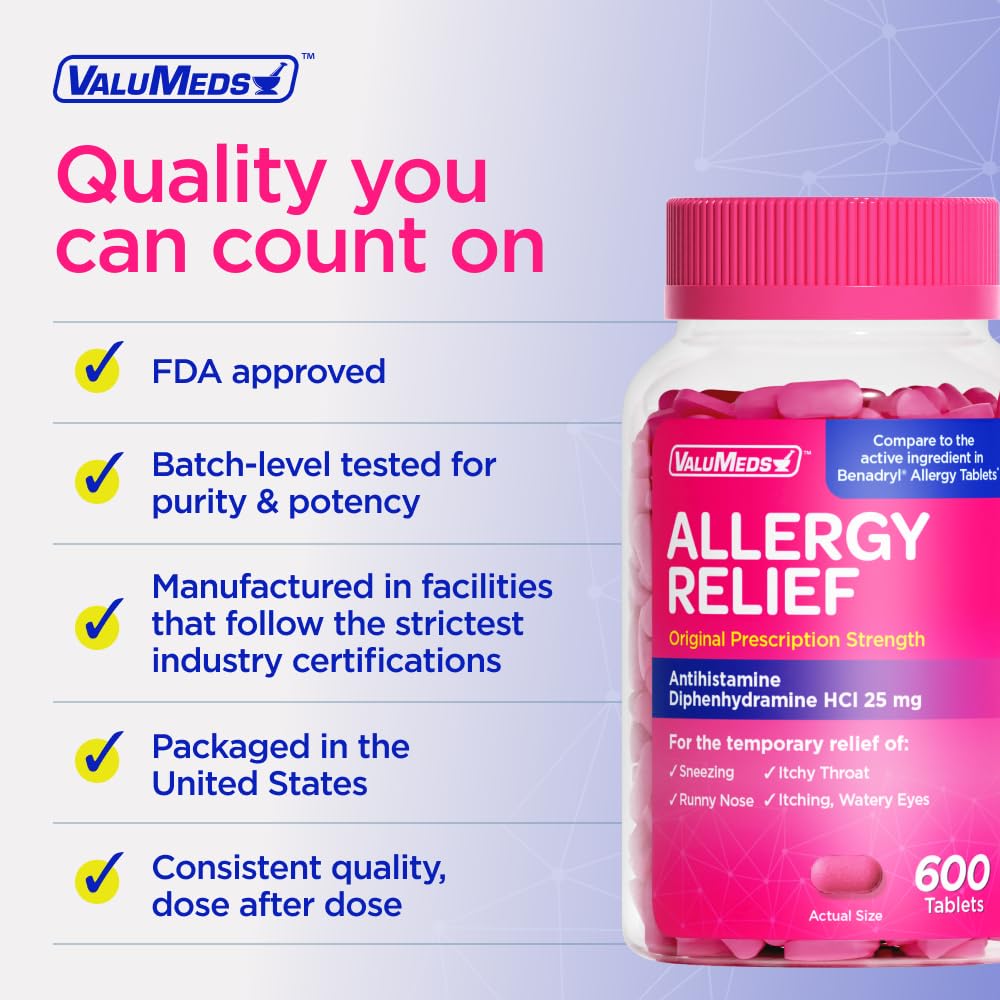 ValuMeds Allergy Medicine Antihistamine, Diphenhydramine HCl 25 mg | Children and Adults | Relieve Itchy Eyes, Runny Nose, Sneezing (25 mg, 600 Count) - FENGGESTORE20