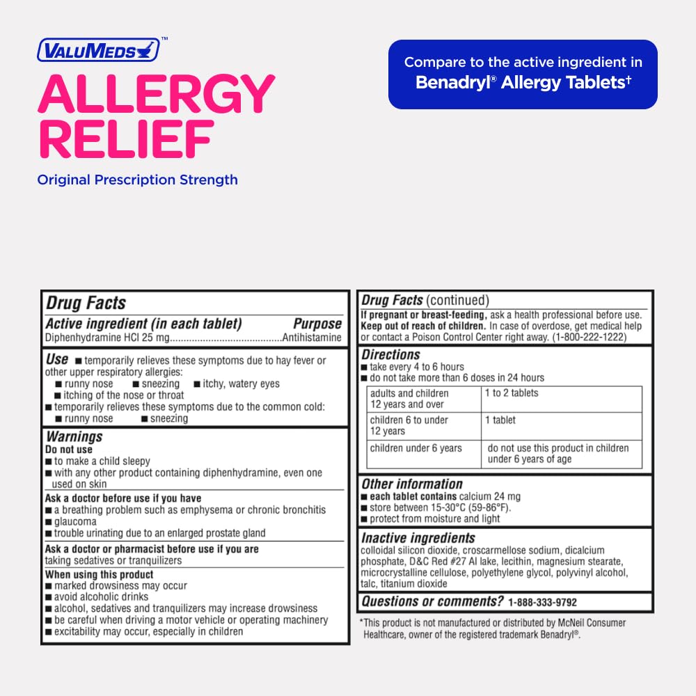 ValuMeds Allergy Medicine Antihistamine, Diphenhydramine HCl 25 mg | Children and Adults | Relieve Itchy Eyes, Runny Nose, Sneezing (25 mg, 600 Count) - FENGGESTORE20