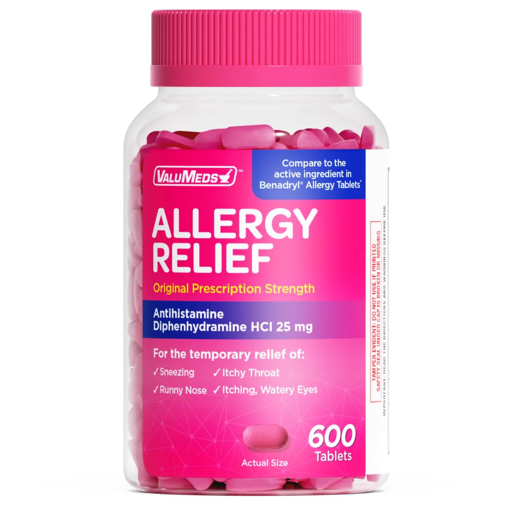 ValuMeds Allergy Medicine Antihistamine, Diphenhydramine HCl 25 mg | Children and Adults | Relieve Itchy Eyes, Runny Nose, Sneezing (25 mg, 600 Count) - FENGGESTORE20