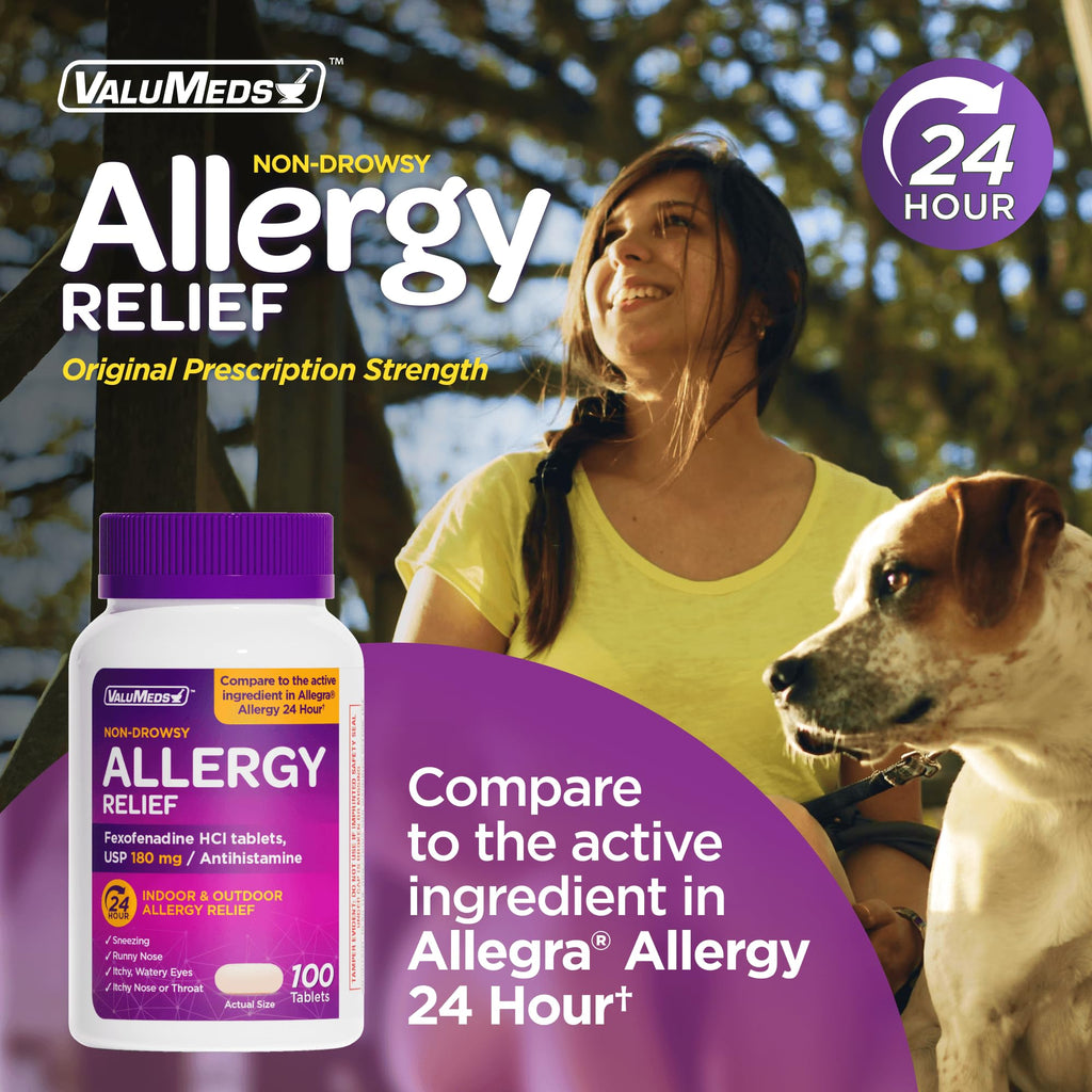ValuMeds | Compare to Allegra | Fexofenadine HCl 180mg | 24-Hour Allergy Relief, Non-Drowsy Antihistamine Generic Medicine for Allergies, Hay Fever, Itchy Eyes | for Kids & Adults (100 Count) - FENGGESTORE20