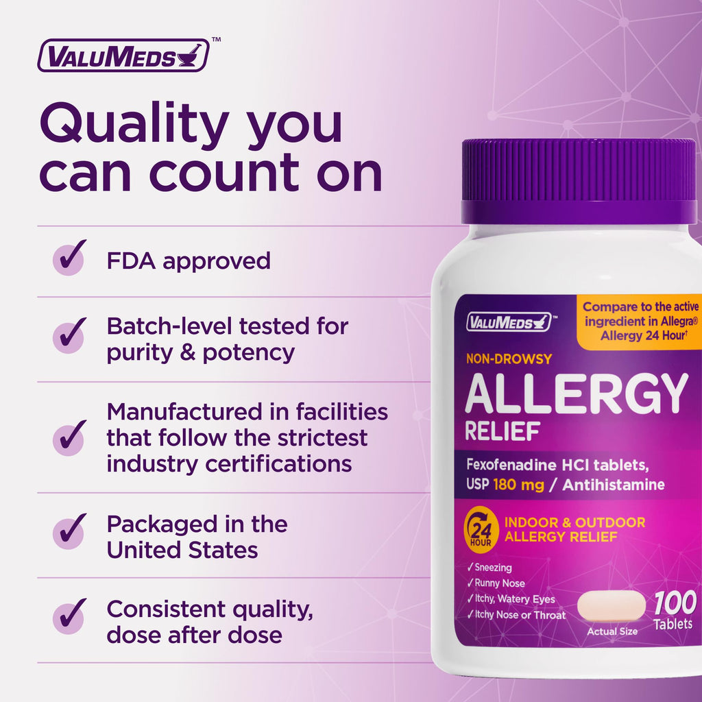ValuMeds | Compare to Allegra | Fexofenadine HCl 180mg | 24-Hour Allergy Relief, Non-Drowsy Antihistamine Generic Medicine for Allergies, Hay Fever, Itchy Eyes | for Kids & Adults (100 Count) - FENGGESTORE20