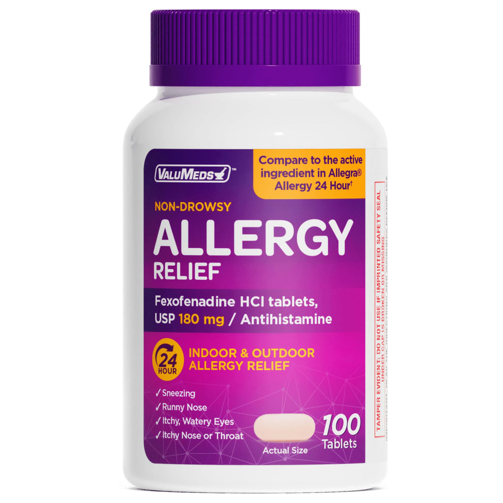 ValuMeds | Compare to Allegra | Fexofenadine HCl 180mg | 24-Hour Allergy Relief, Non-Drowsy Antihistamine Generic Medicine for Allergies, Hay Fever, Itchy Eyes | for Kids & Adults (100 Count) - FENGGESTORE20
