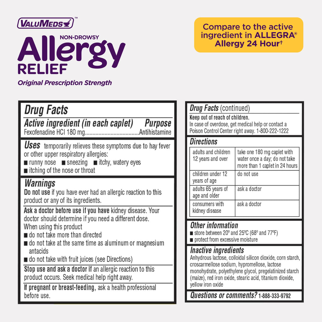 ValuMeds | Compare to Allegra | Fexofenadine HCl 180mg | 24-Hour Allergy Relief, Non-Drowsy Antihistamine Generic Medicine for Allergies, Hay Fever, Itchy Eyes | for Kids & Adults (100 Count) - FENGGESTORE20