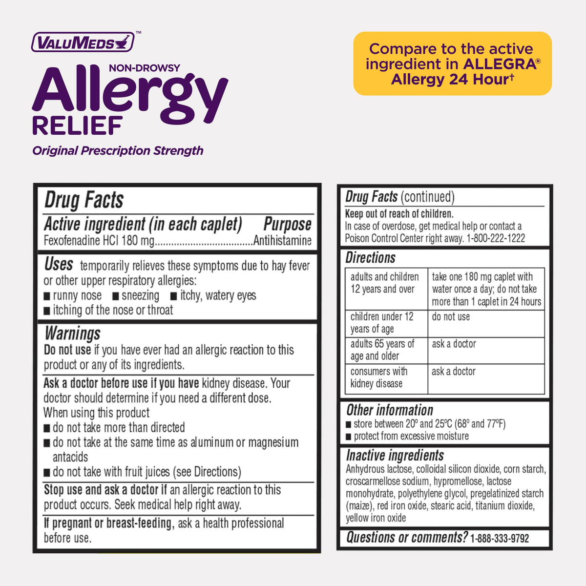 ValuMeds | Compare to Allegra | Fexofenadine HCl 180mg | 24-Hour Allergy Relief, Non-Drowsy Antihistamine Generic Medicine for Allergies, Hay Fever, Itchy Eyes | for Kids & Adults (100 Count) - FENGGESTORE20