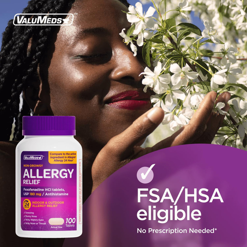 ValuMeds | Compare to Allegra | Fexofenadine HCl 180mg | 24-Hour Allergy Relief, Non-Drowsy Antihistamine Generic Medicine for Allergies, Hay Fever, Itchy Eyes | for Kids & Adults (100 Count) - FENGGESTORE20