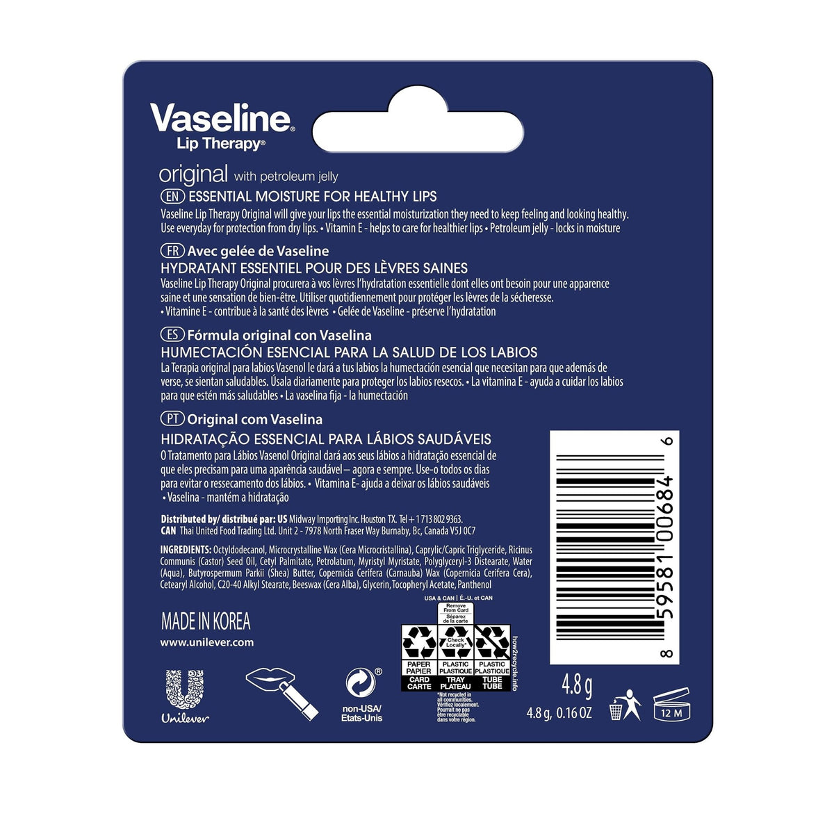 Vaseline Lip Therapy Care Original, Fast-Acting Nourishment, Ideal for Chapped, Dry, Cracked, or Damaged Lips - FENGGESTORE20
