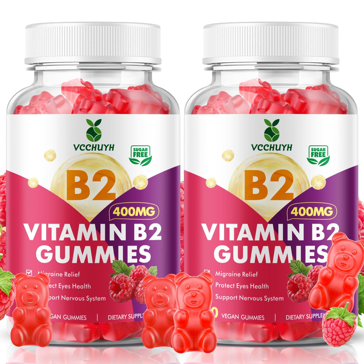 VCCHUYH Vitamin B2 Gummies for Kids & Adults, VIT B2 Riboflavin 400mg Supplement with Magnesium for Migraine Relief & Nervous System Support, Non-GMO - FENGGESTORE20