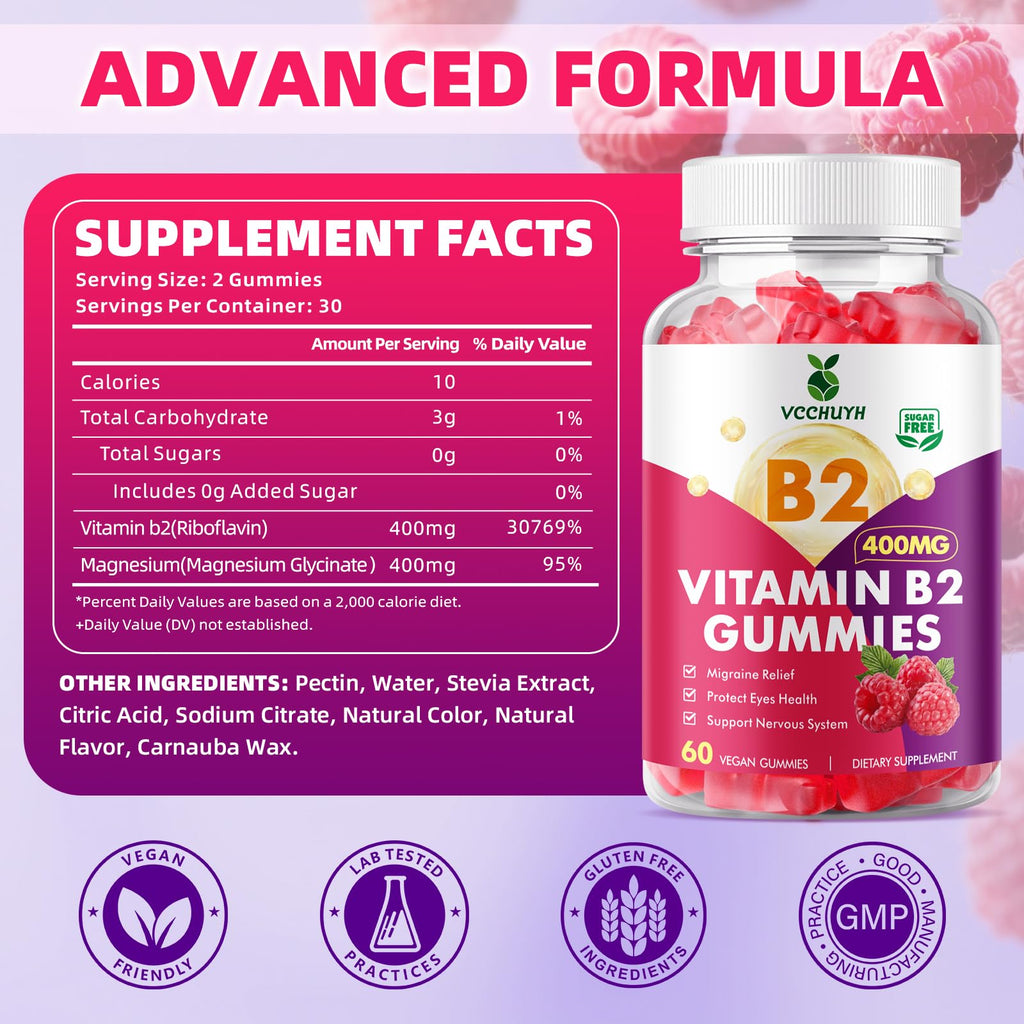 VCCHUYH Vitamin B2 Gummies for Kids & Adults, VIT B2 Riboflavin 400mg Supplement with Magnesium for Migraine Relief & Nervous System Support, Non-GMO - FENGGESTORE20