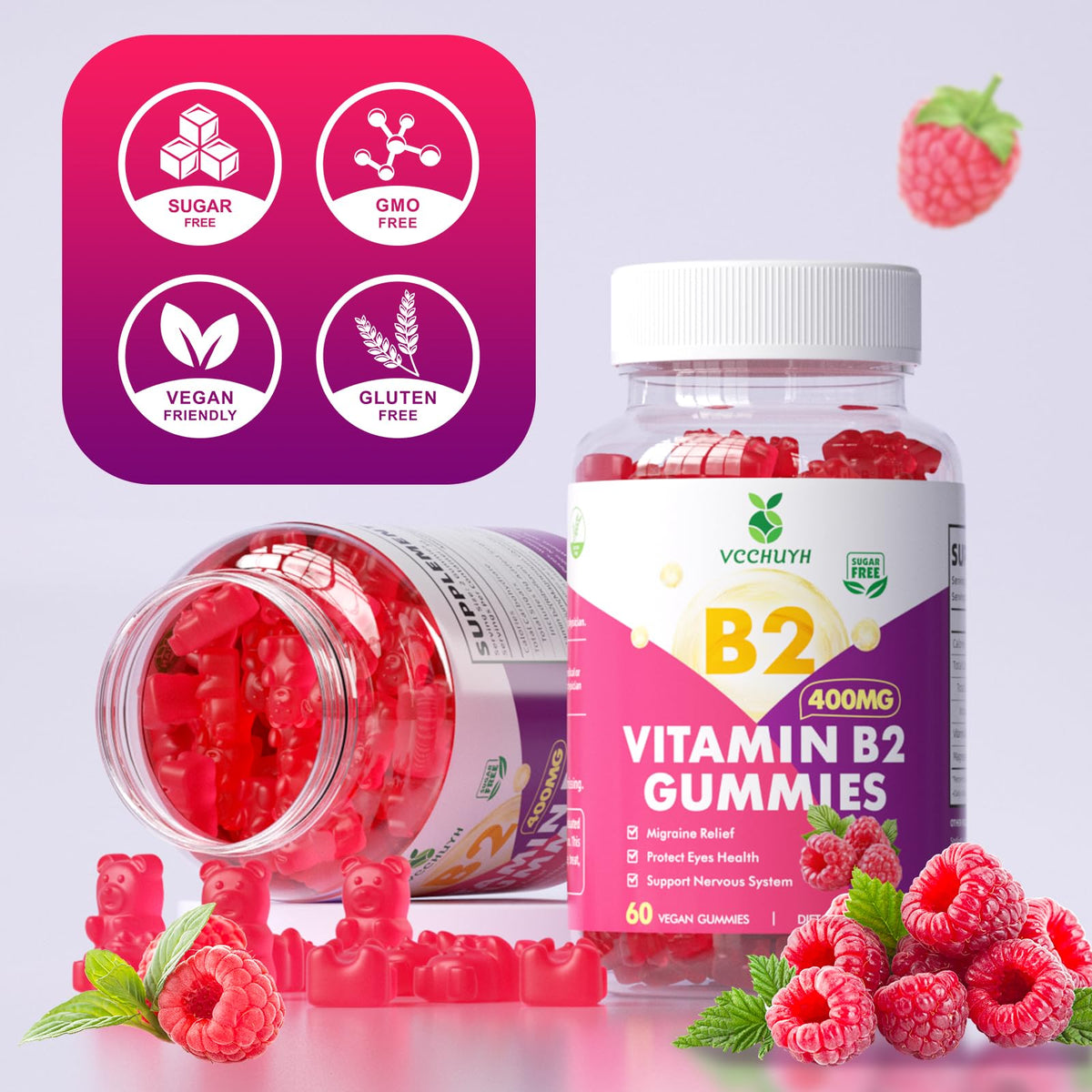 VCCHUYH Vitamin B2 Gummies for Kids & Adults, VIT B2 Riboflavin 400mg Supplement with Magnesium for Migraine Relief & Nervous System Support, Non-GMO - FENGGESTORE20