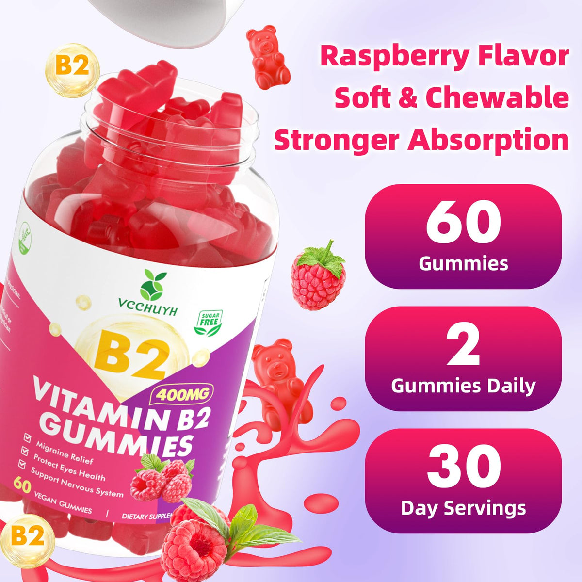 VCCHUYH Vitamin B2 Gummies for Kids & Adults, VIT B2 Riboflavin 400mg Supplement with Magnesium for Migraine Relief & Nervous System Support, Non-GMO, - FENGGESTORE20