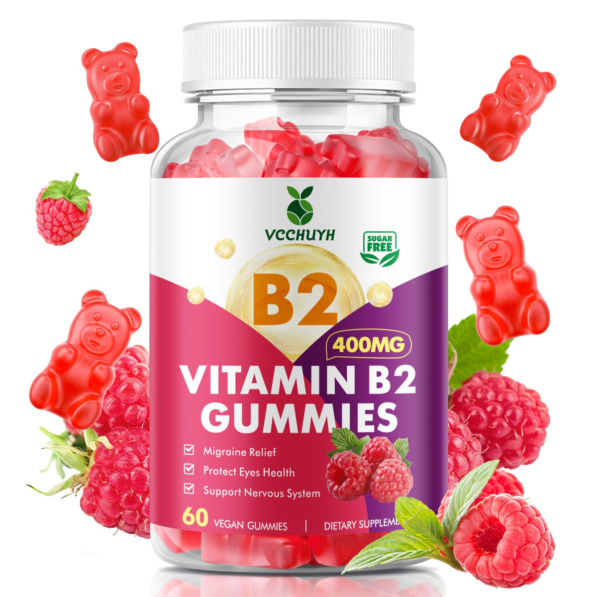 VCCHUYH Vitamin B2 Gummies for Kids & Adults, VIT B2 Riboflavin 400mg Supplement with Magnesium for Migraine Relief & Nervous System Support, Non-GMO, - FENGGESTORE20