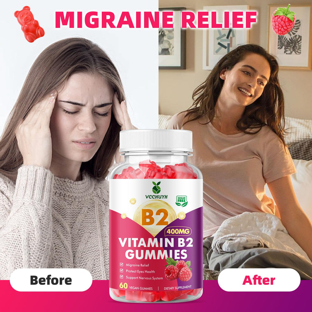 VCCHUYH Vitamin B2 Gummies for Kids & Adults, VIT B2 Riboflavin 400mg Supplement with Magnesium for Migraine Relief & Nervous System Support, Non-GMO - FENGGESTORE20