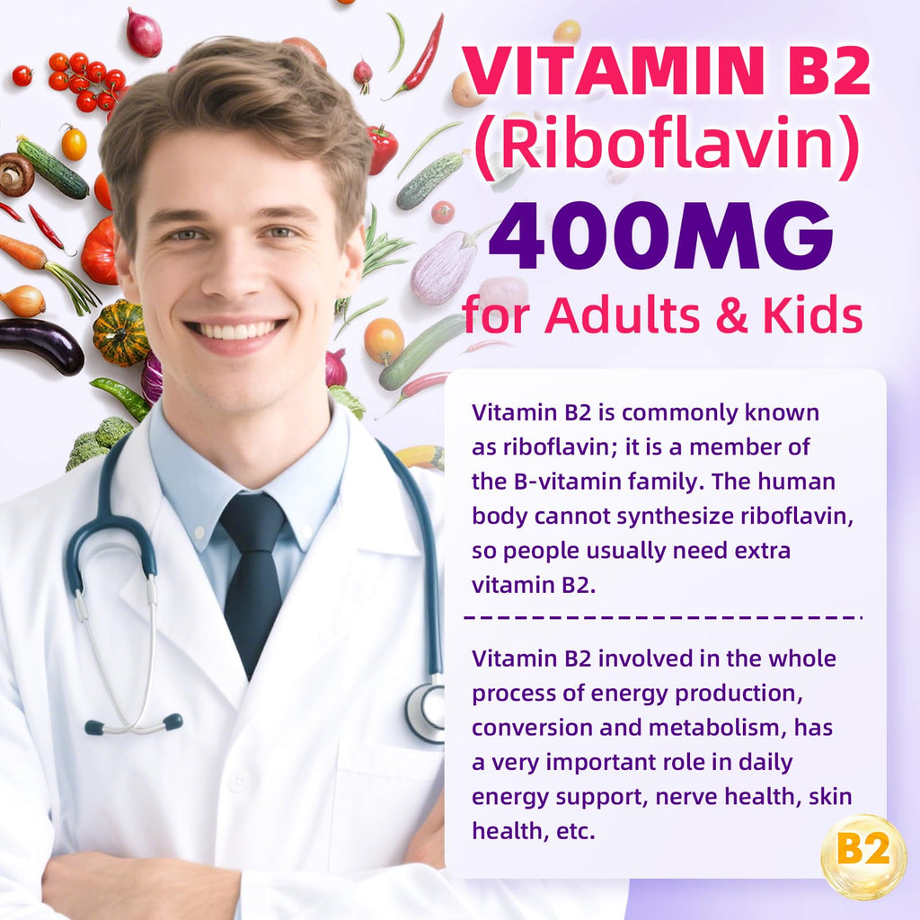 VCCHUYH Vitamin B2 Gummies for Kids & Adults, VIT B2 Riboflavin 400mg Supplement with Magnesium for Migraine Relief & Nervous System Support, Non-GMO - FENGGESTORE20