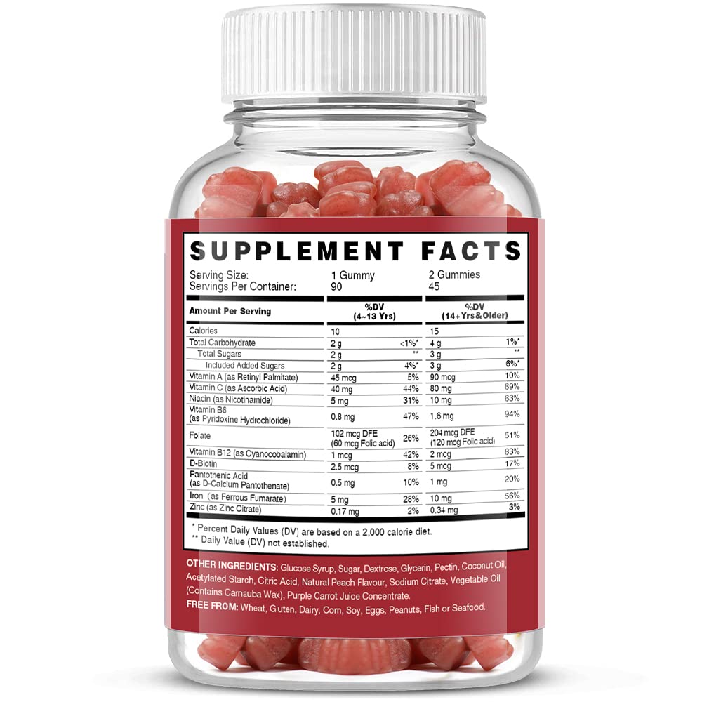 Vegan Iron Gummies Supplement - with Vitamin C, A, B-Complex, Folate, Zinc for Adults & Kids - Health Blood & Energy Support for Iron Deficiency, - FENGGESTORE20