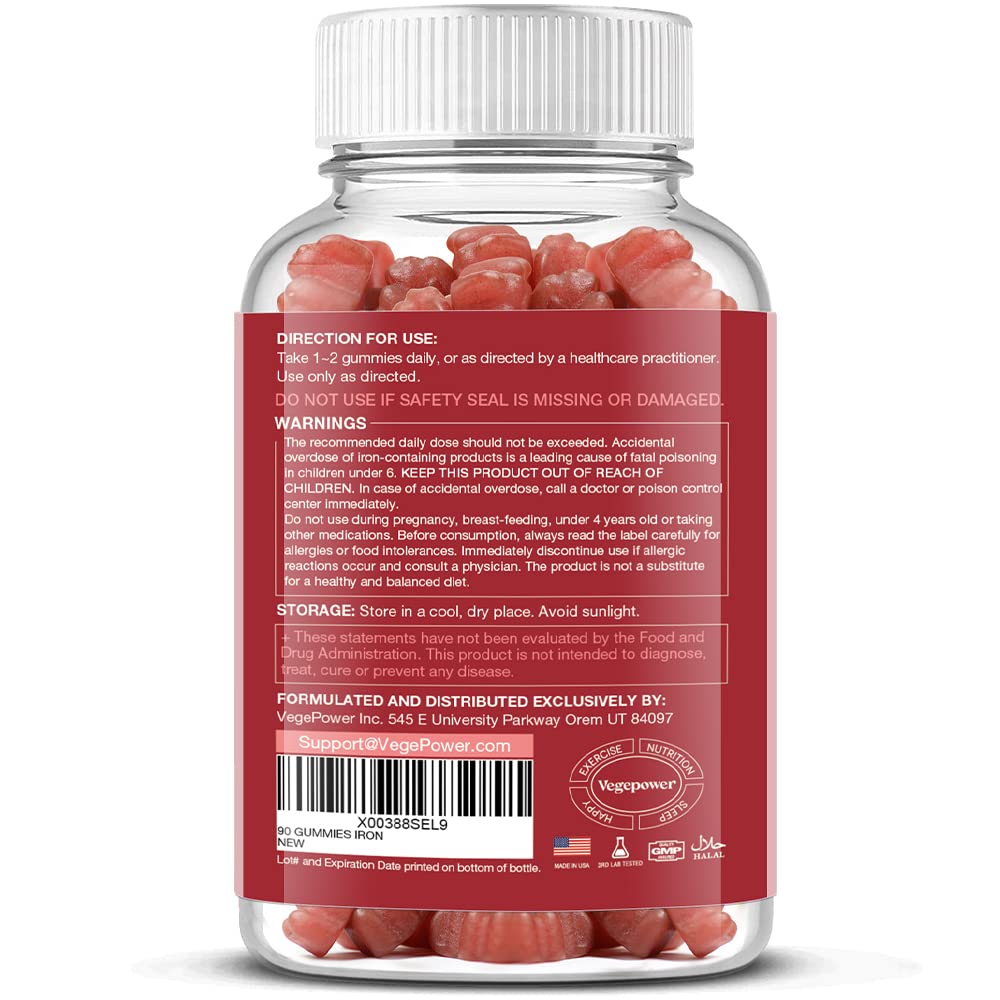 Vegan Iron Gummies Supplement - with Vitamin C, A, B-Complex, Folate, Zinc for Adults & Kids - Health Blood & Energy Support for Iron Deficiency, - FENGGESTORE20