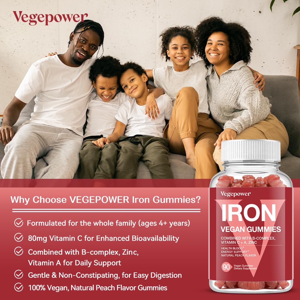 Vegan Iron Gummies Supplement - with Vitamin C, A, B-Complex, Folate, Zinc for Adults & Kids - Health Blood & Energy Support for Iron Deficiency, - FENGGESTORE20