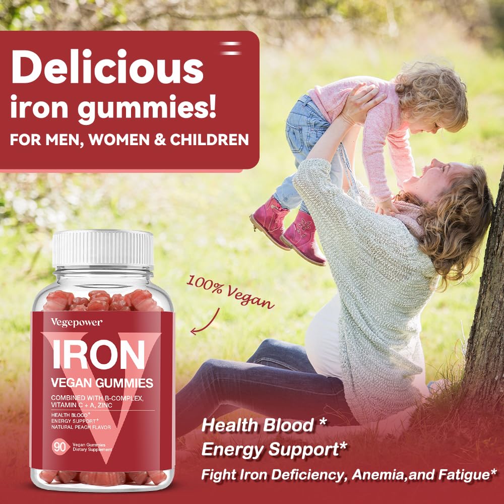 Vegan Iron Gummies Supplement - with Vitamin C, A, B-Complex, Folate, Zinc for Adults & Kids - Health Blood & Energy Support for Iron Deficiency, - FENGGESTORE20