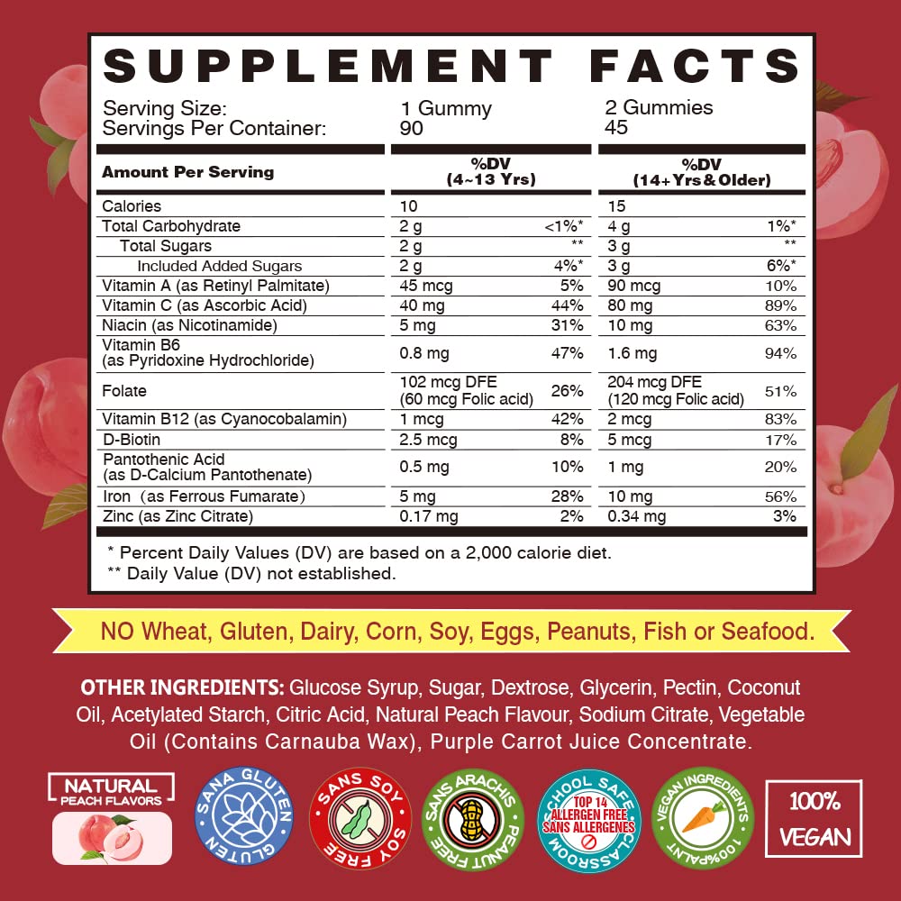 Vegan Iron Gummies Supplement - with Vitamin C, A, B-Complex, Folate, Zinc for Adults & Kids - Health Blood & Energy Support for Iron Deficiency, - FENGGESTORE20