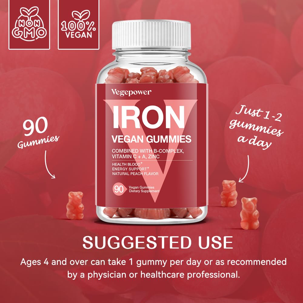 Vegan Iron Gummies Supplement - with Vitamin C, A, B-Complex, Folate, Zinc for Adults & Kids - Health Blood & Energy Support for Iron Deficiency, - FENGGESTORE20