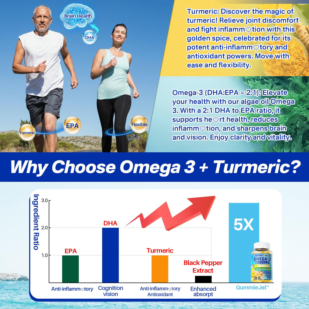 Vegan Omega-3 Gummies 1000mg + Turmeric - Omega 3 Fish Oil Alternative for Adults - Algae DHA 600mg & EPA 300mg - FENGGESTORE20
