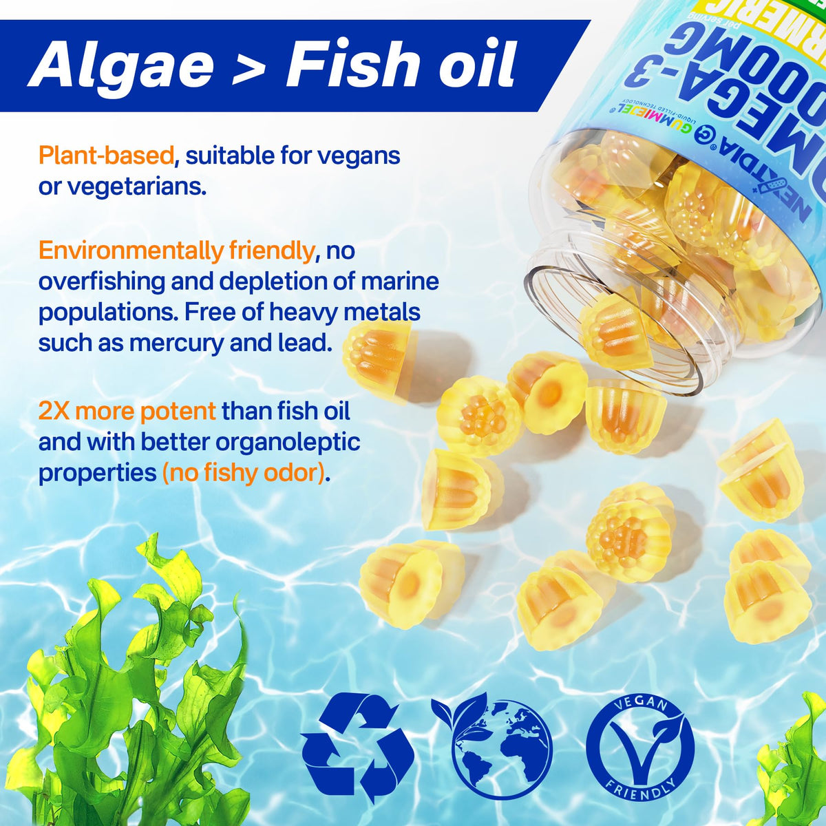 Vegan Omega-3 Gummies 1000mg + Turmeric - Omega 3 Fish Oil Alternative for Adults - Algae DHA 600mg & EPA 300mg - FENGGESTORE20