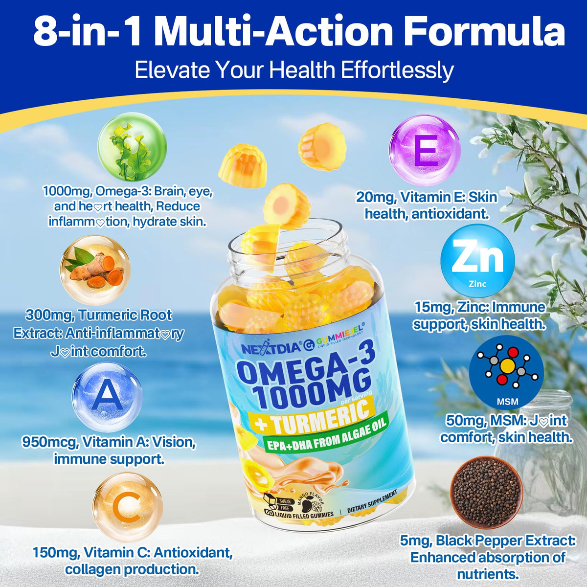 Vegan Omega-3 Gummies 1000mg + Turmeric - Omega 3 Fish Oil Alternative for Adults - Algae DHA 600mg & EPA 300mg - FENGGESTORE20