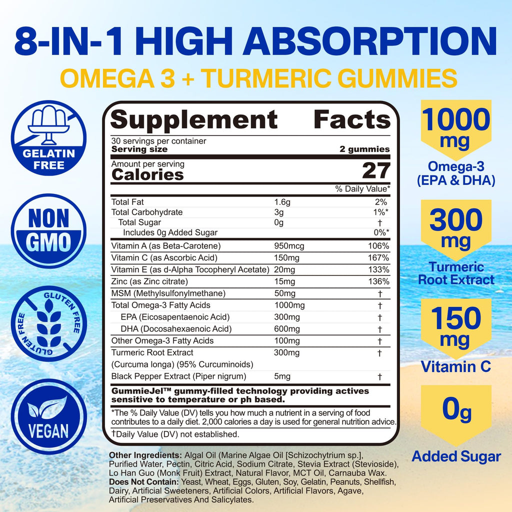Vegan Omega-3 Gummies 1000mg + Turmeric - Omega 3 Fish Oil Alternative for Adults - Algae DHA 600mg & EPA 300mg - FENGGESTORE20