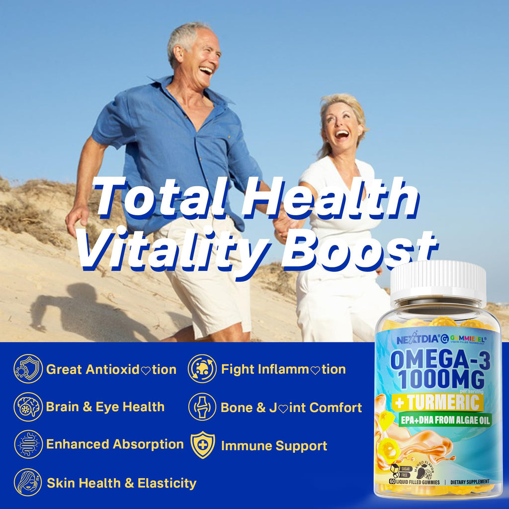 Vegan Omega-3 Gummies 1000mg + Turmeric - Omega 3 Fish Oil Alternative for Adults - Algae DHA 600mg & EPA 300mg - FENGGESTORE20