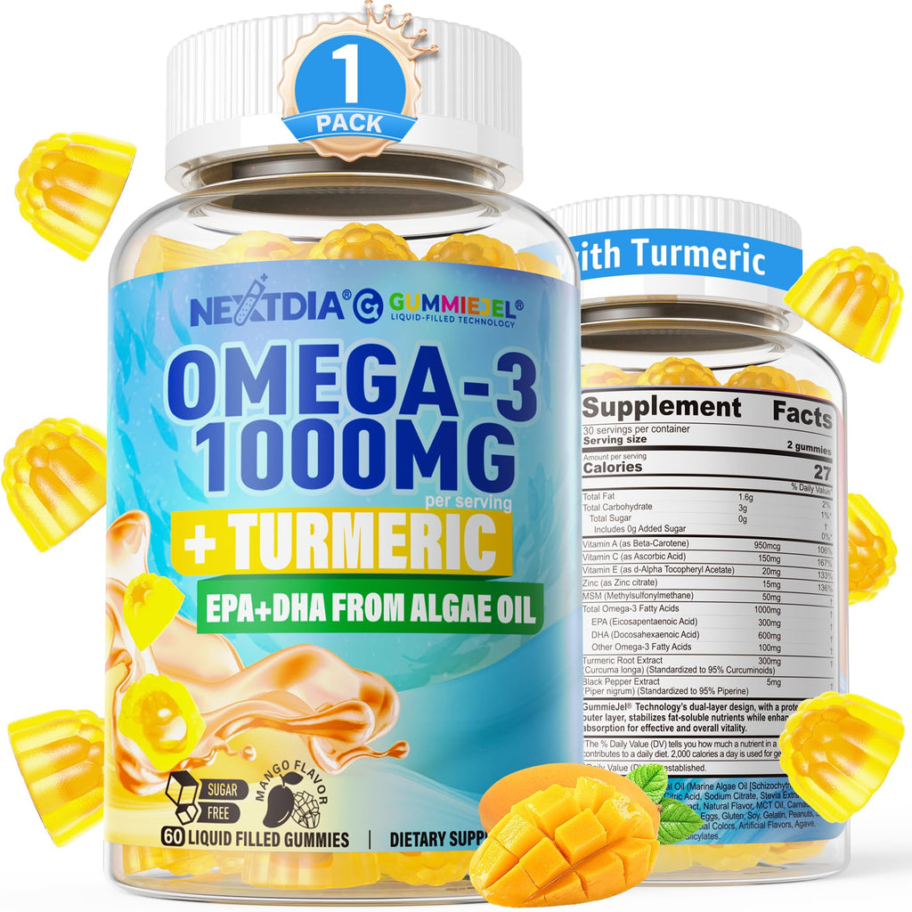 Vegan Omega-3 Gummies 1000mg + Turmeric - Omega 3 Fish Oil Alternative for Adults - Algae DHA 600mg & EPA 300mg - FENGGESTORE20