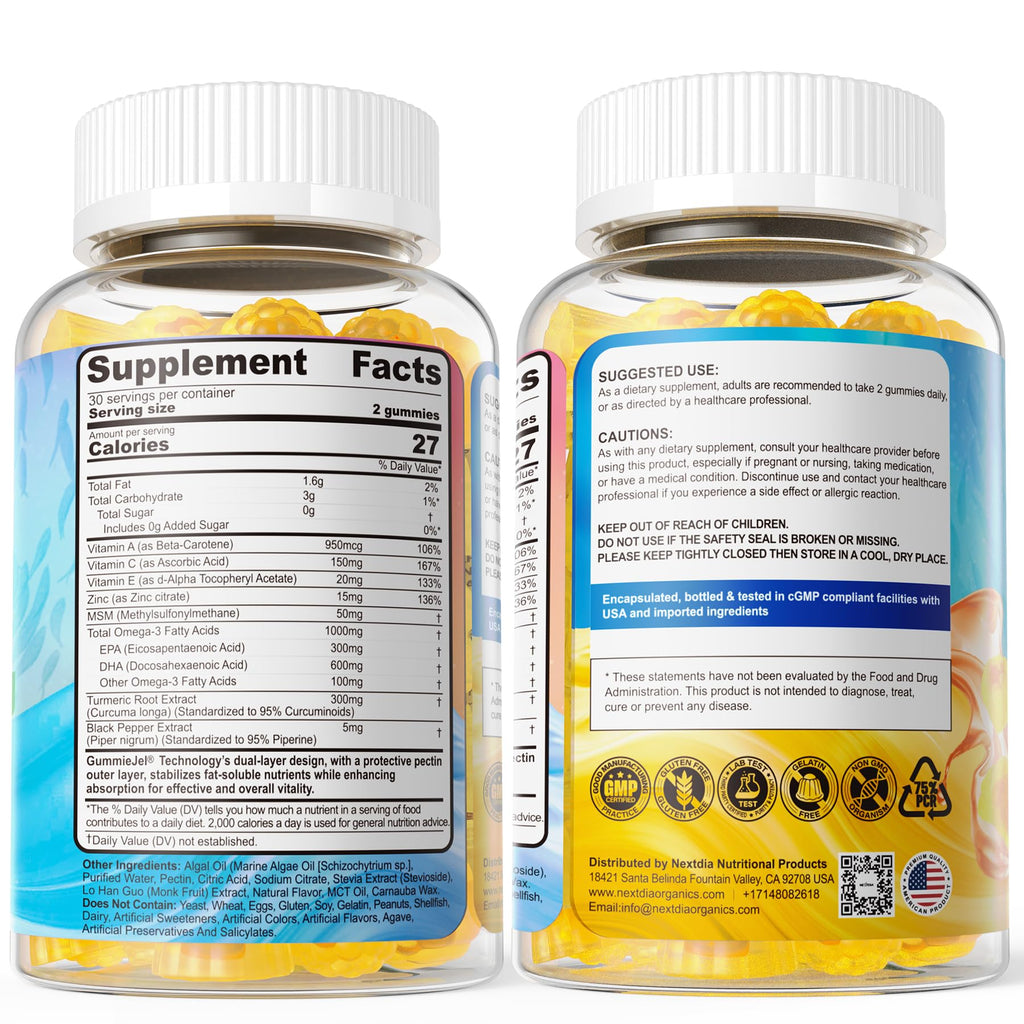 Vegan Omega-3 Gummies 1000mg + Turmeric - Omega 3 Fish Oil Alternative for Adults - Algae DHA 600mg & EPA 300mg - FENGGESTORE20
