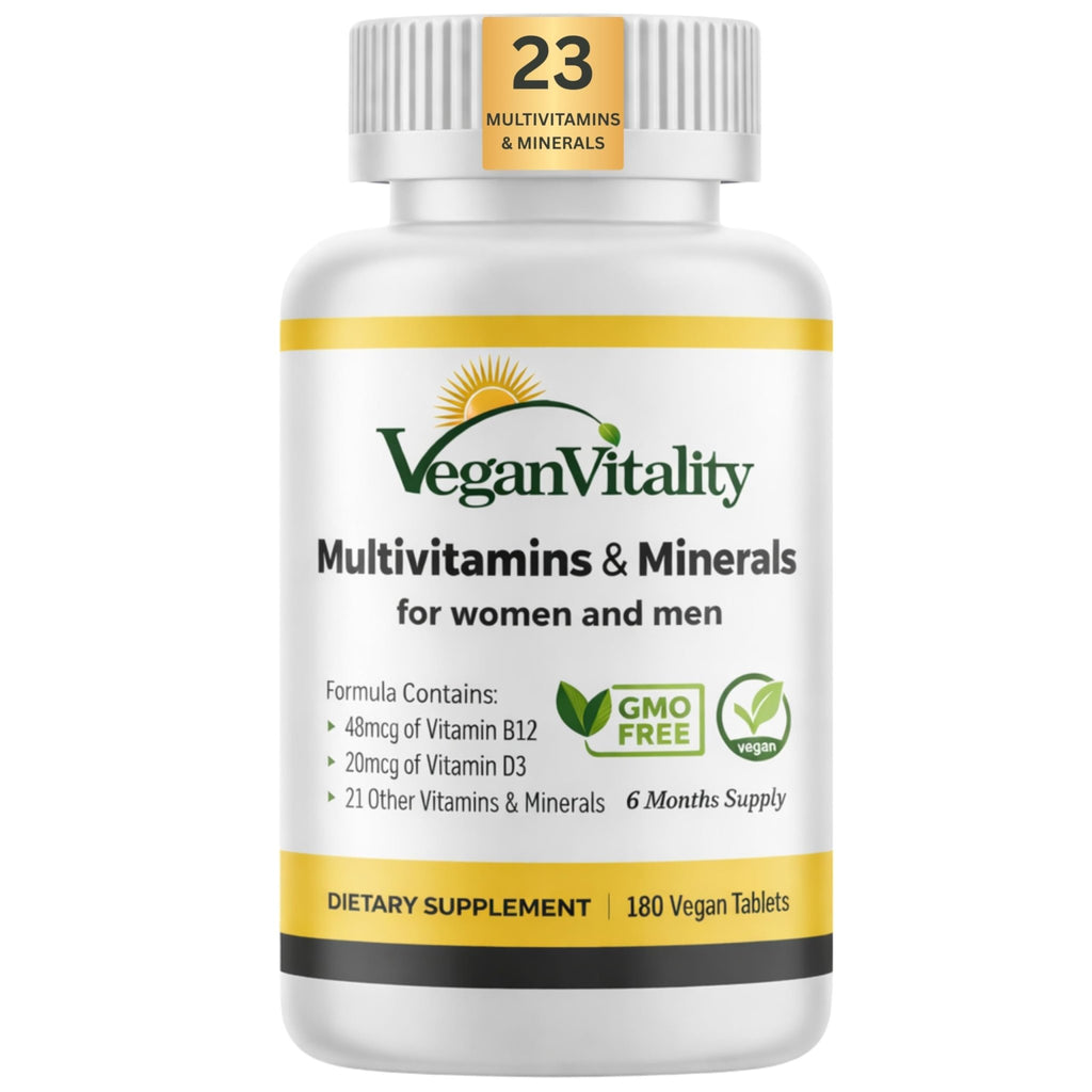 Vegan Vitality Multivitamins & Minerals for Women and Men with High Strength Vitamin B12, D3 & K2. 180 Vegan Multivitamin Tablets - 6 Months Supply - FENGGESTORE20