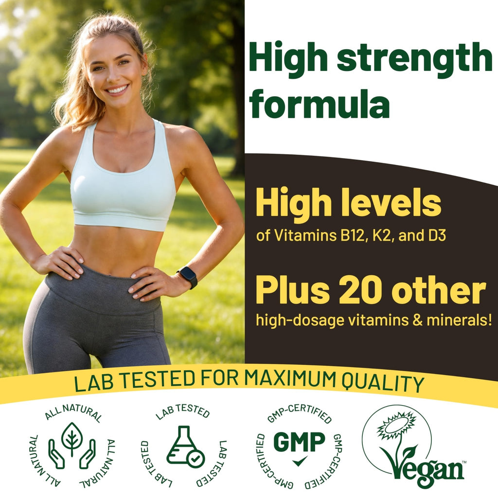 Vegan Vitality Multivitamins & Minerals for Women and Men with High Strength Vitamin B12, D3 & K2. 180 Vegan Multivitamin Tablets - 6 Months Supply - FENGGESTORE20