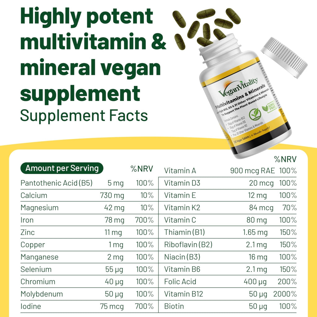 Vegan Vitality Multivitamins & Minerals for Women and Men with High Strength Vitamin B12, D3 & K2. 180 Vegan Multivitamin Tablets - 6 Months Supply - FENGGESTORE20