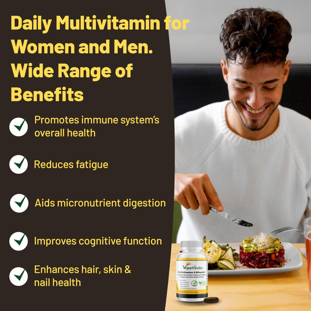 Vegan Vitality Multivitamins & Minerals for Women and Men with High Strength Vitamin B12, D3 & K2. 180 Vegan Multivitamin Tablets - 6 Months Supply - FENGGESTORE20