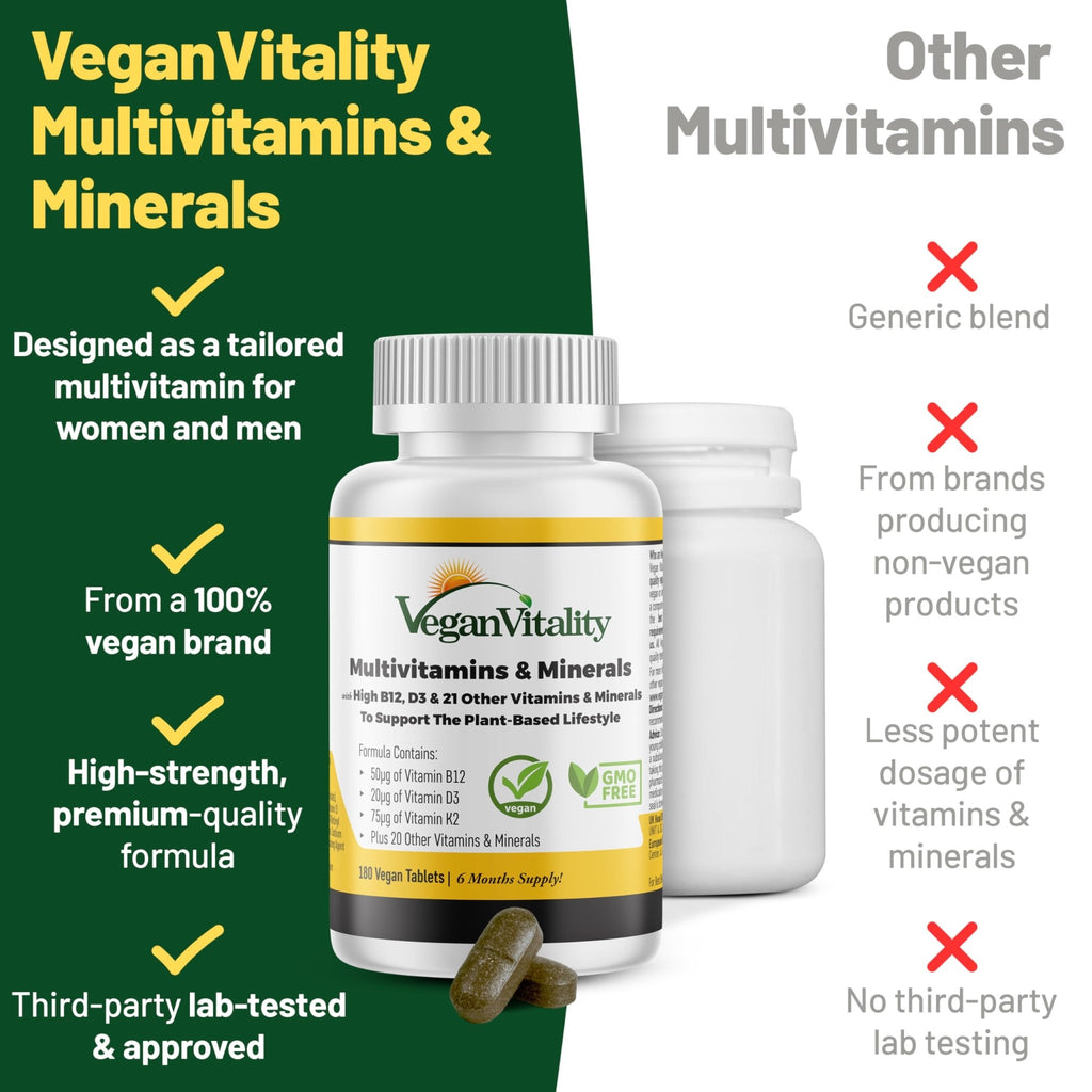 Vegan Vitality Multivitamins & Minerals for Women and Men with High Strength Vitamin B12, D3 & K2. 180 Vegan Multivitamin Tablets - 6 Months Supply - FENGGESTORE20