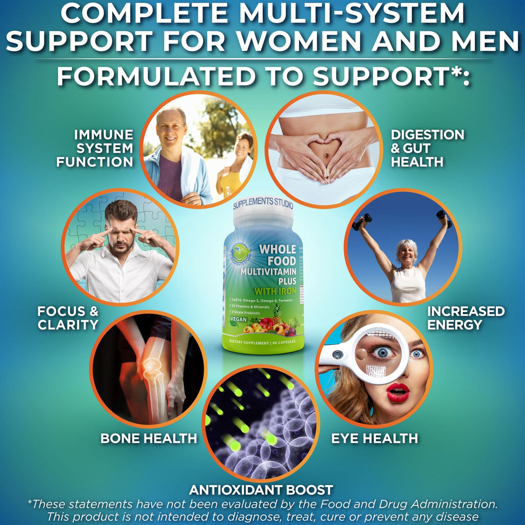 Vegan Whole Food Daily Multivitamin with Iron, Methylated Multivitamin for Women and Men, Made with Fruits & Vegetables, B-Complex, Probiotics, Enzymes - FENGGESTORE20