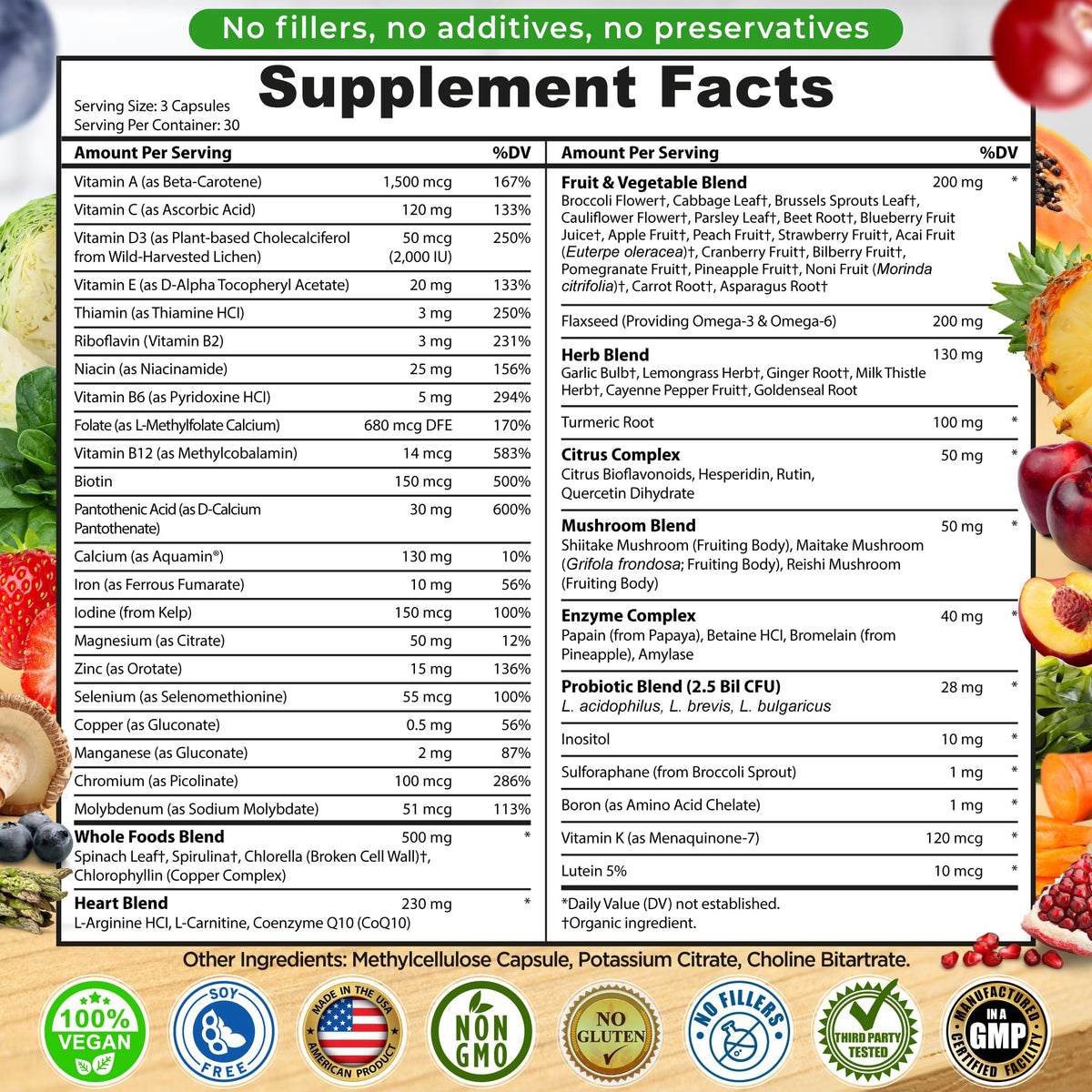 Vegan Whole Food Daily Multivitamin with Iron, Methylated Multivitamin for Women and Men, Made with Fruits & Vegetables, B-Complex, Probiotics, Enzymes - FENGGESTORE20