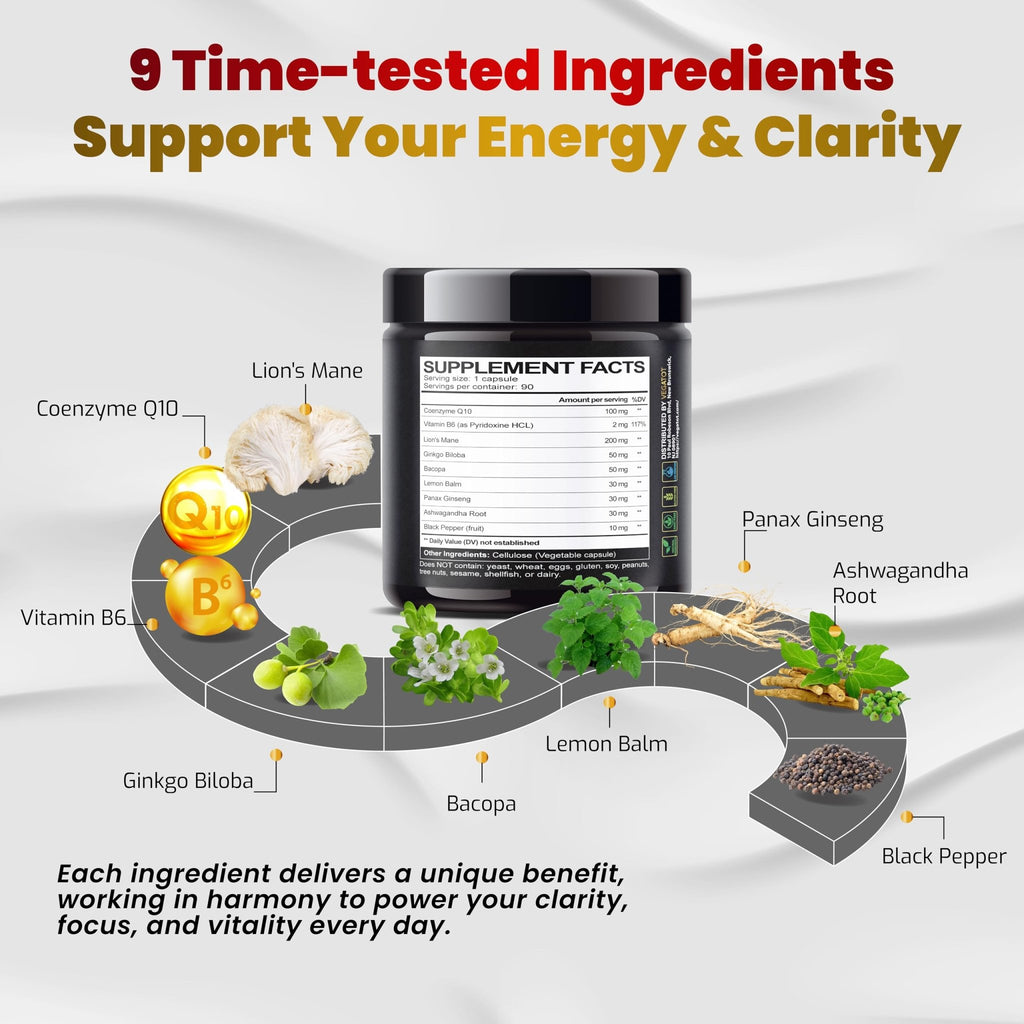 VEGATOT Brain Booster Brain Health Complex Supplement Concentrated with CoQ-10 VIT B6 Lion's Mane Ginkgo Biloba Lemon Balm Ginseng - FENGGESTORE20