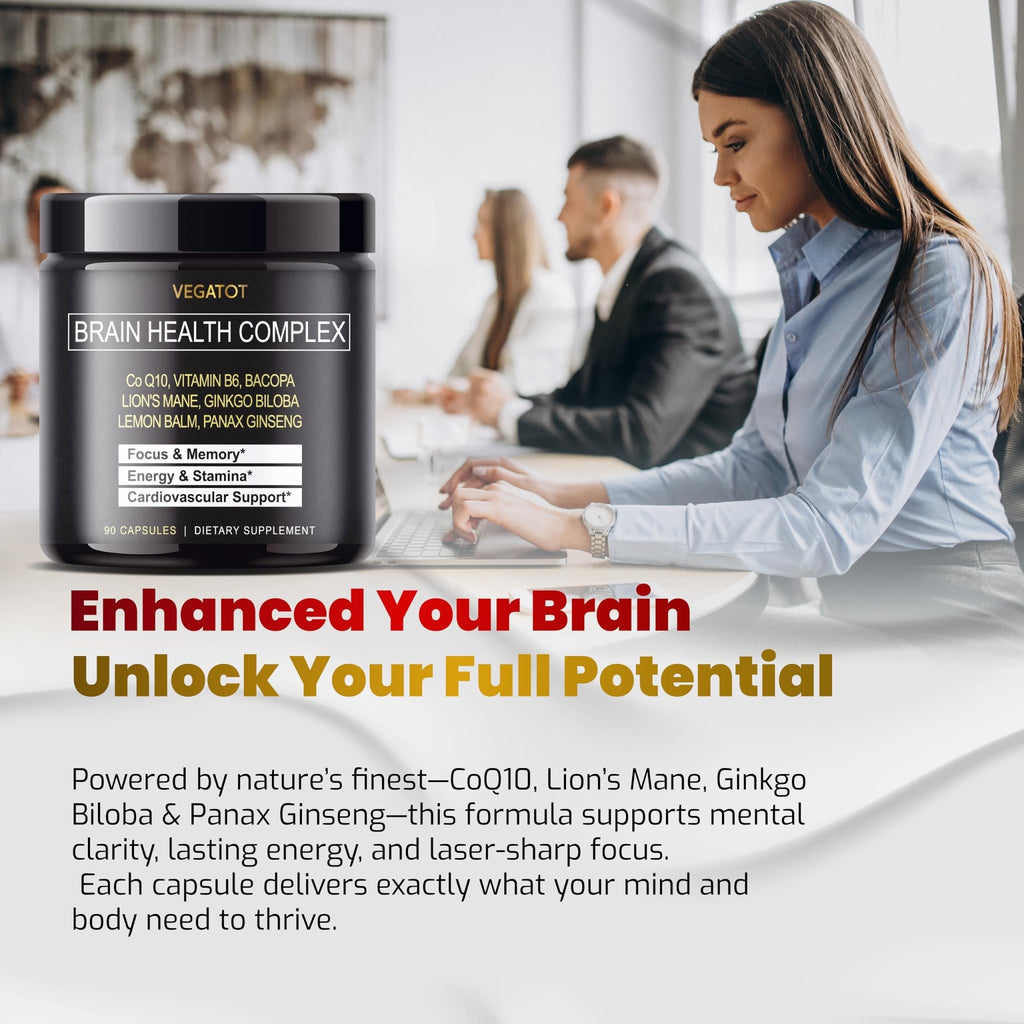 VEGATOT Brain Booster Brain Health Complex Supplement Concentrated with CoQ-10 VIT B6 Lion's Mane Ginkgo Biloba Lemon Balm Ginseng - FENGGESTORE20