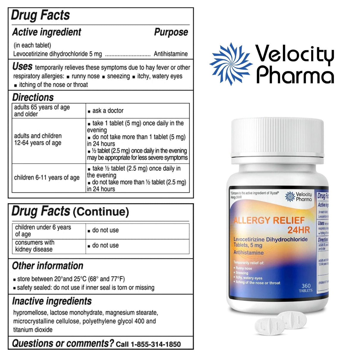 Velocity Pharma Levocetirizine Dihydrochloride 5mg USP Tablets, 24 Hour Allergy Relief Non-Drowsy Antihistamine, 360 Count - FENGGESTORE20